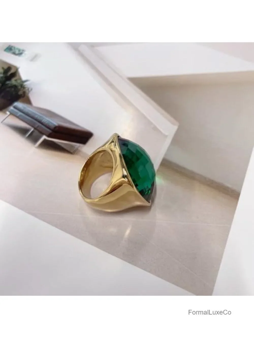 Chunky Square Crystal Cocktail Ring Stainless Steel Gold-Tone Plated Statement